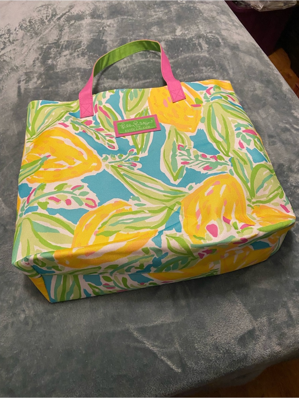 Lilly Pulitzer Bright Floral Canvas Tote in Turquoise, Yellow & Pink new 17x14